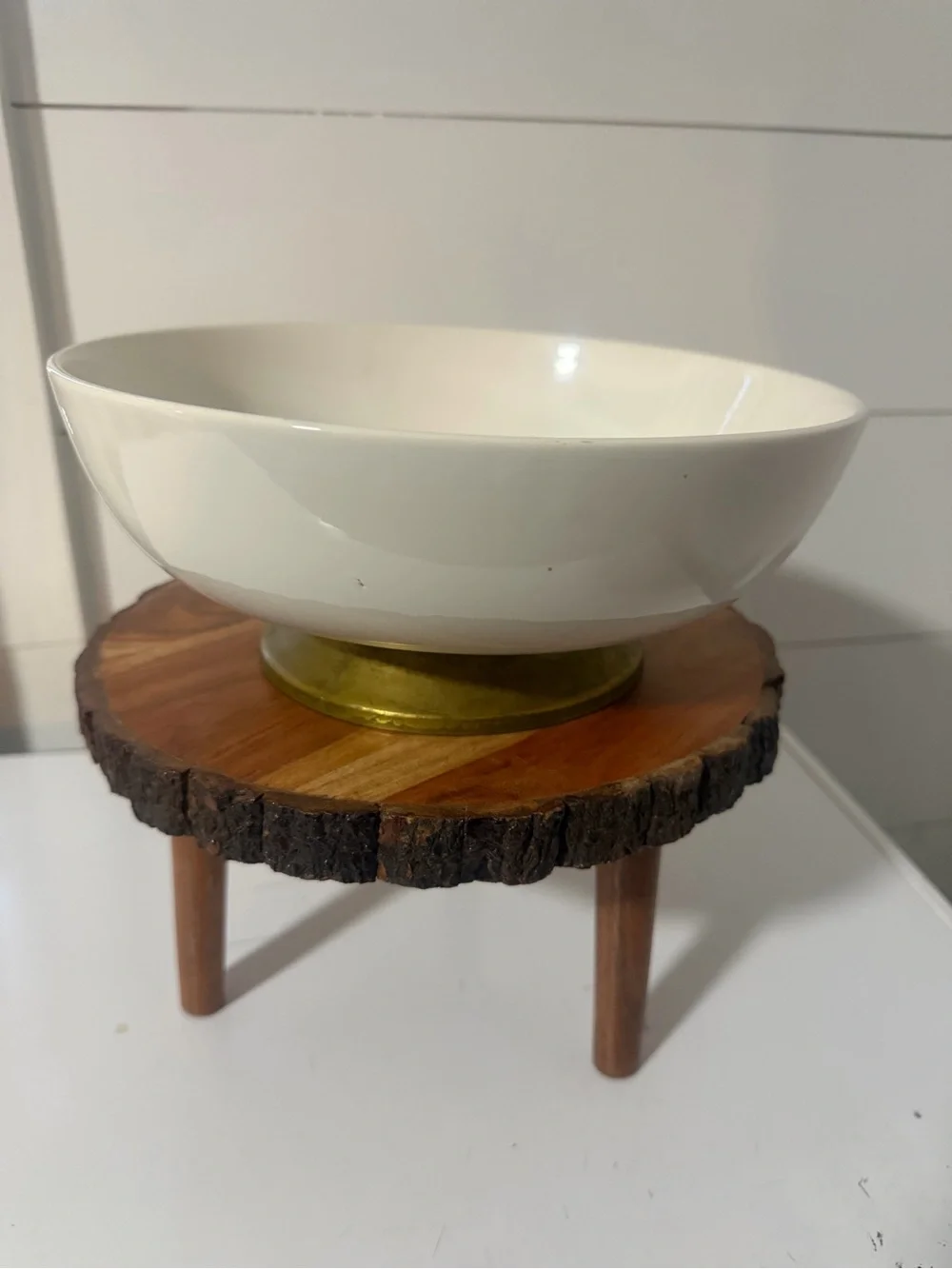 Vintage 1950’s White Ceramic Bowl with Brass Stand